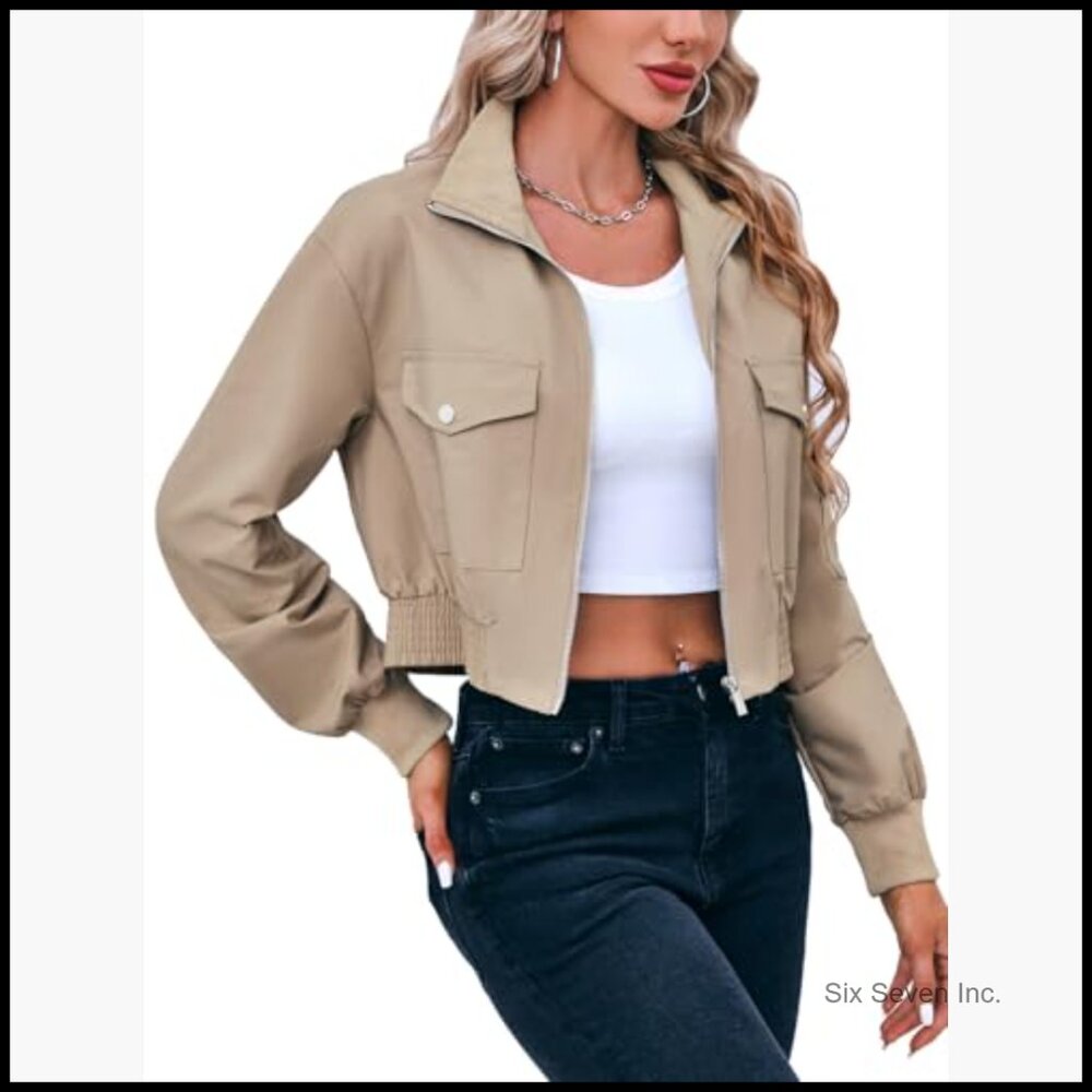 Lightweight Polyester Cropped Bomber Jacket with … - image 5